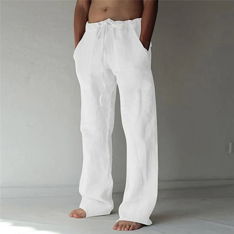 Men's Linen Casual Pants Solid Color Fashion Straight-Leg Trousers Baggy Pants With Pockets Drawstring Elastic Waist Design Beach Pants Daily Yoga Comfort Soft Mid Waist Green White Khaki 3XL