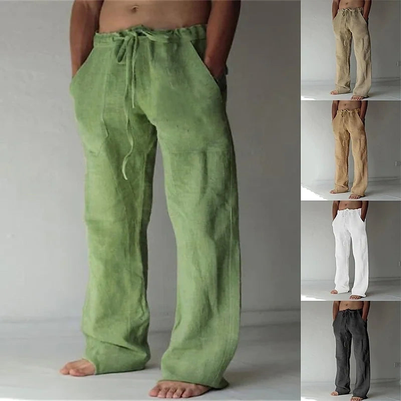Men's Linen Casual Pants Solid Color Fashion Straight-Leg Trousers Baggy Pants With Pockets Drawstring Elastic Waist Design Beach Pants Daily Yoga Comfort Soft Mid Waist Green White Khaki 3XL